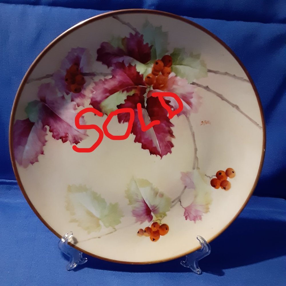 Antique Hand Painted  Italy Ginori 8.75" Plate Leaves and Berries Artist Signed